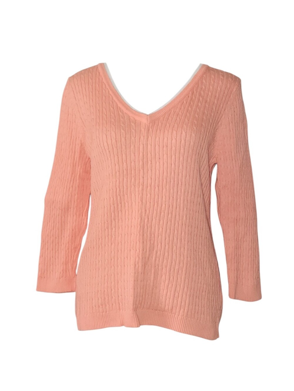 JEANNE PIERRE Peach Cable Knit V-Neck Long Sleeve Sweater